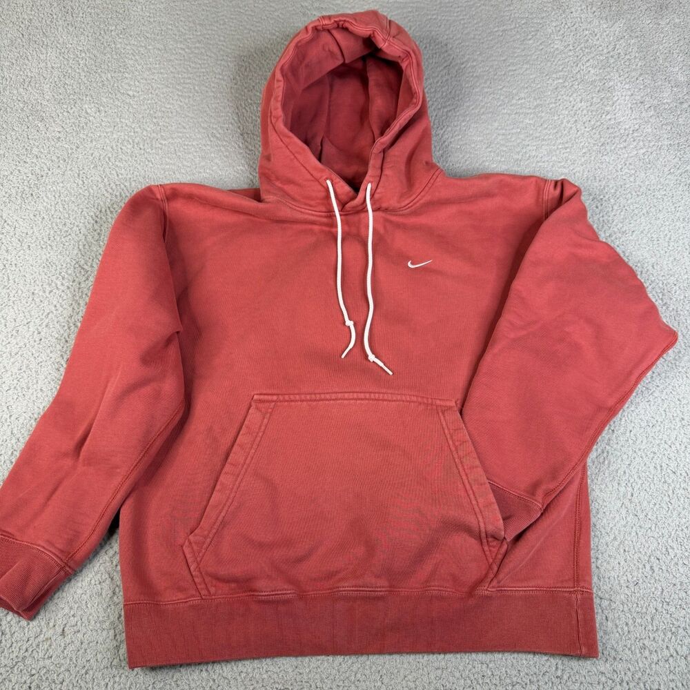 NIKE Solo Swoosh Fleece Hoodie Mens M Coral Red Pullover Heavyweight Sweater
